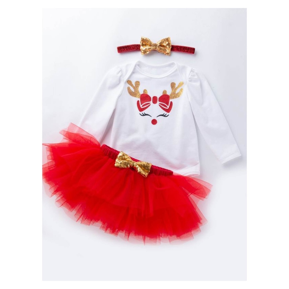 White Red 3 Piece Onsie Tutu Skirt Reindeer Set
